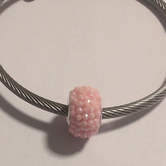 Silver with Crushed Iridescent Pink Pave Charm for Pandora Style Bracelet - Picture 1 of 4